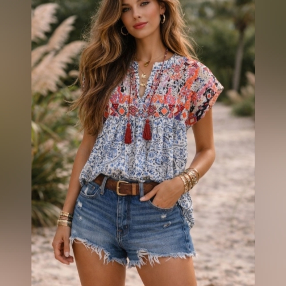 THML Embroidered Babydoll Popover Sleeveless Blouse Size Small Boho Tassels